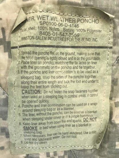 Genuine US Army Poncho Liner, Army ACU - Label 2