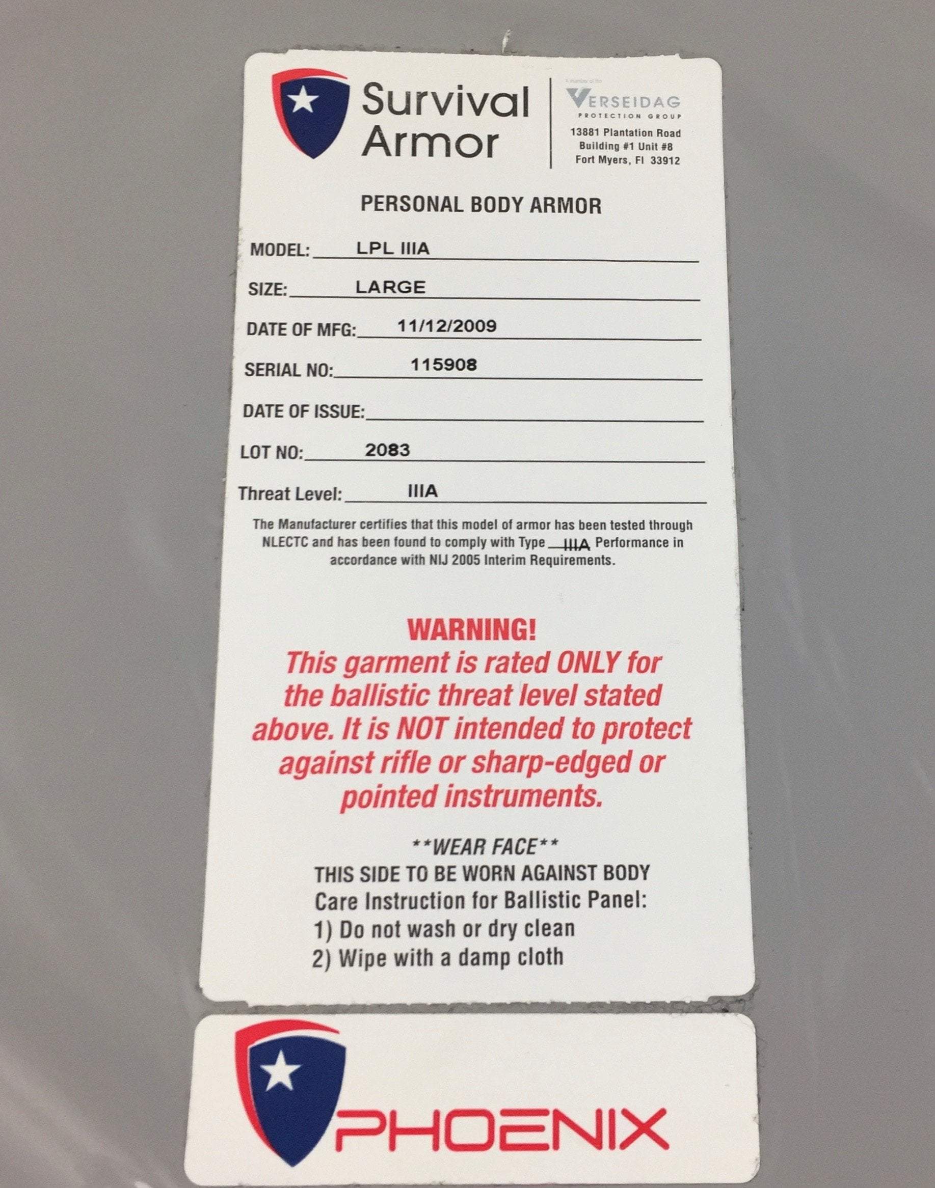 Survival Armor Phoenix Personal Body Armor IIIA Inserts, Large