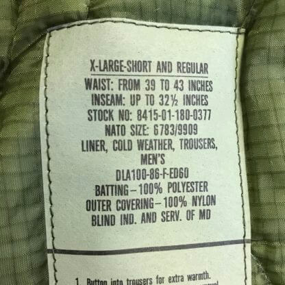 Cold Weather Pant Liners Label