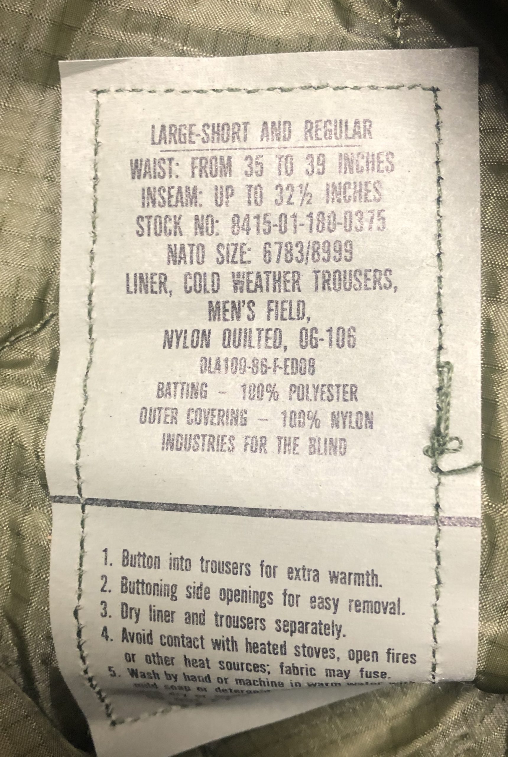 Cold Weather Pant Liners, OD Green [Genuine Issue]