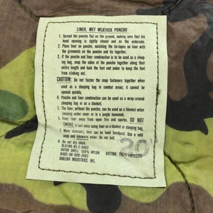 Military Poncho Liner, Woobie Blanket - Label