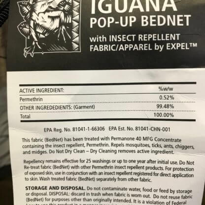 Iguana Pop Up Bed Net, Coyote Brown - Ingredients Label