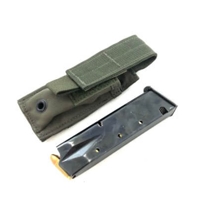 This is 9mm magazine pouch from Eagle Industries. The mag pouch sits flat when not in use and easily secures most double stacked 9mm mags.