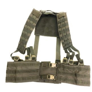 This is a ranger green H-Harness from Eagle Industries. The harness is a great platform for setting your gear up on. Also, you can easily adjust the large MOLLE fields on the harness.